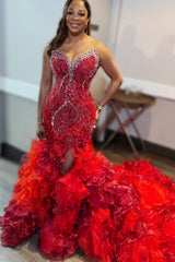 Red Mermaid Prom Dress Strapless Sweetheart Silver Crystal Rhinestone Beaded Lace Corset Ruffle Organza Skirt Split Front Chapel Train Gown