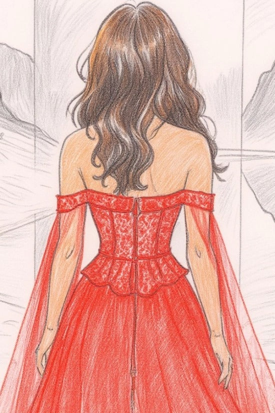 Red Off-the-Shoulder Cape Sleeves A-Line Beaded Corset Tulle Floor Length Evening Gown