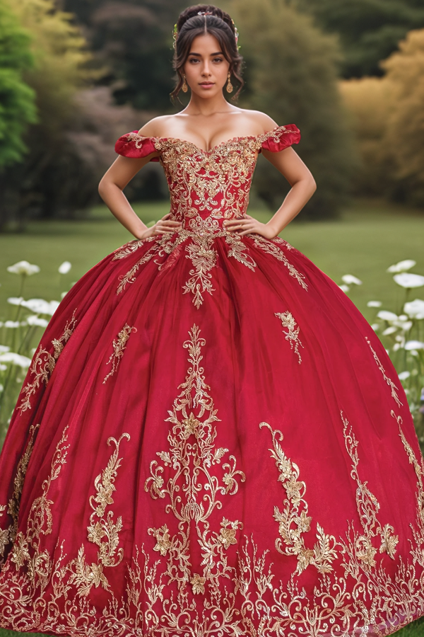 Red off shoulder gold embroidered quinceanera ball gown