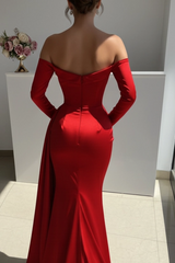 Red Off-the-Shoulder Long Sleeve Mermaid Satin Ruched Draped Floor Length Evening Gown