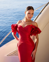 Red Off-the-Shoulder Satin Mermaid Formal Dress Sweetheart 3D Flowers Ruffle Sleeves Open Back Sweep Train Evening Gown