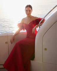 Red Off-the-Shoulder Satin Mermaid Formal Dress Sweetheart 3D Flowers Ruffle Sleeves Open Back Sweep Train Evening Gown