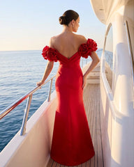Red Off-the-Shoulder Satin Mermaid Formal Dress Sweetheart 3D Flowers Ruffle Sleeves Open Back Sweep Train Evening Gown