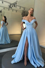 Red Off-the-Shoulder Sleeveless A-Line Satin Buttons Front Slit Formal Evening Gown