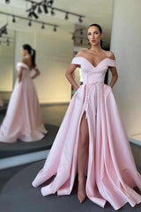 Red Off-the-Shoulder Sleeveless A-Line Satin Buttons Front Slit Formal Evening Gown
