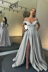 Red Off-the-Shoulder Sleeveless A-Line Satin Buttons Front Slit Formal Evening Gown