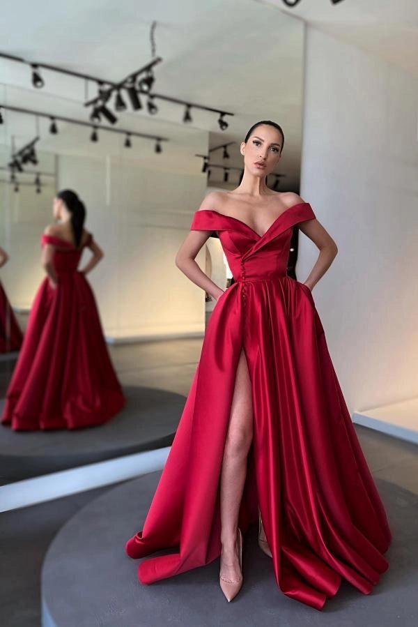 Red Off-the-Shoulder Sleeveless A-Line Satin Buttons Front Slit Formal Evening Gown