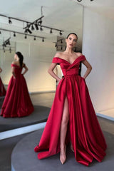 Red Off-the-Shoulder Sleeveless A-Line Satin Buttons Front Slit Formal Evening Gown