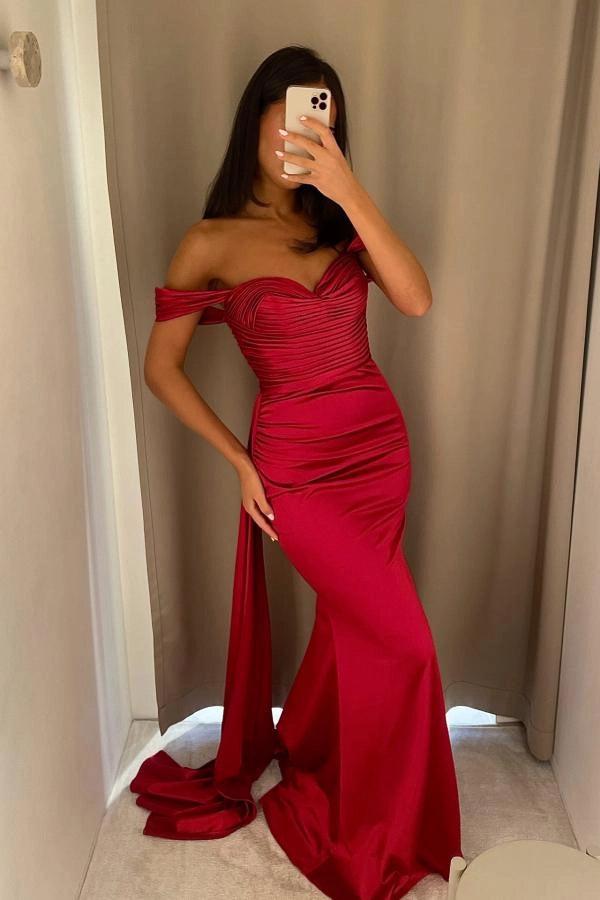 Red Off-the-shoulder Sleeveless Mermaid Satin Ruched Draped Floor Formal Evening Gown