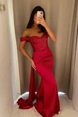 Red Off-the-shoulder Sleeveless Mermaid Satin Ruched Draped Floor Formal Evening Gown