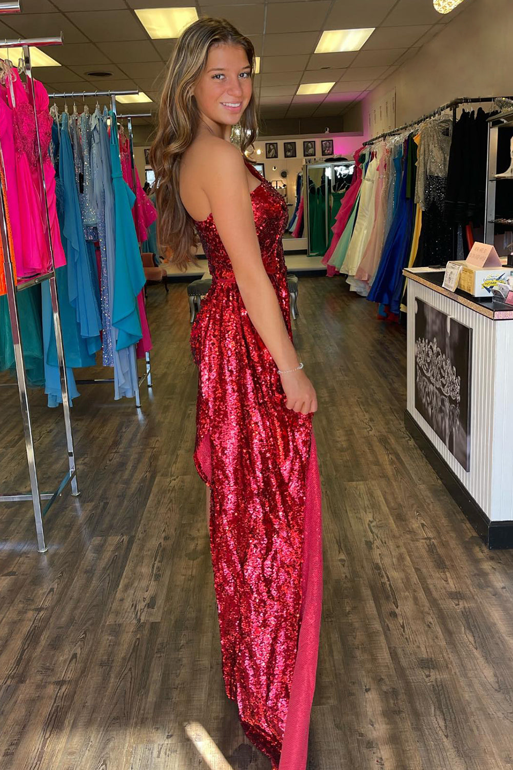 Red One Shoulder Long Sleeve All-Over Sequin Draped Train Bodycon Homecoming Dress Mini