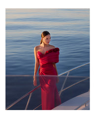 Red One Shoulder Satin Mermaid Formal Dress Sweetheart Open Back 3D Flowers Beading Split Front Sweep Train Evening Gown