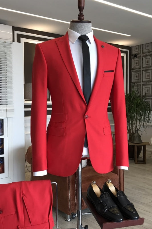 Red Peaked Lapel Two-Piece Slim Fit Prom Suit For Men