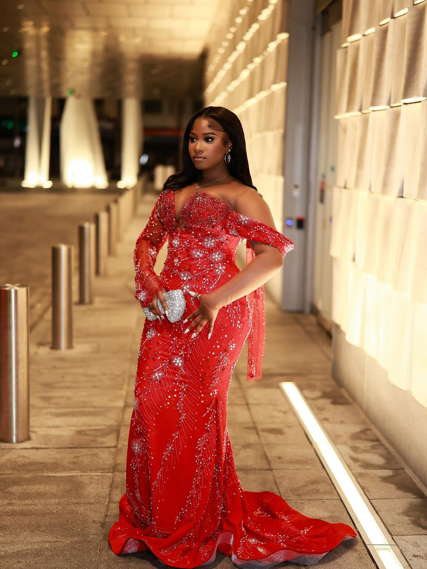 Red Plus Size Mermaid Prom Dress Off Shoulder Deep V Sweetheart Heavy Crystal Rhinestone Beaded Bodice One Long Sheer Illusion Sleeve Silver Radial Branch Spray Rhinestone Beaded Silver Crystal Snowflake Floral Applique Sweep Train Gown