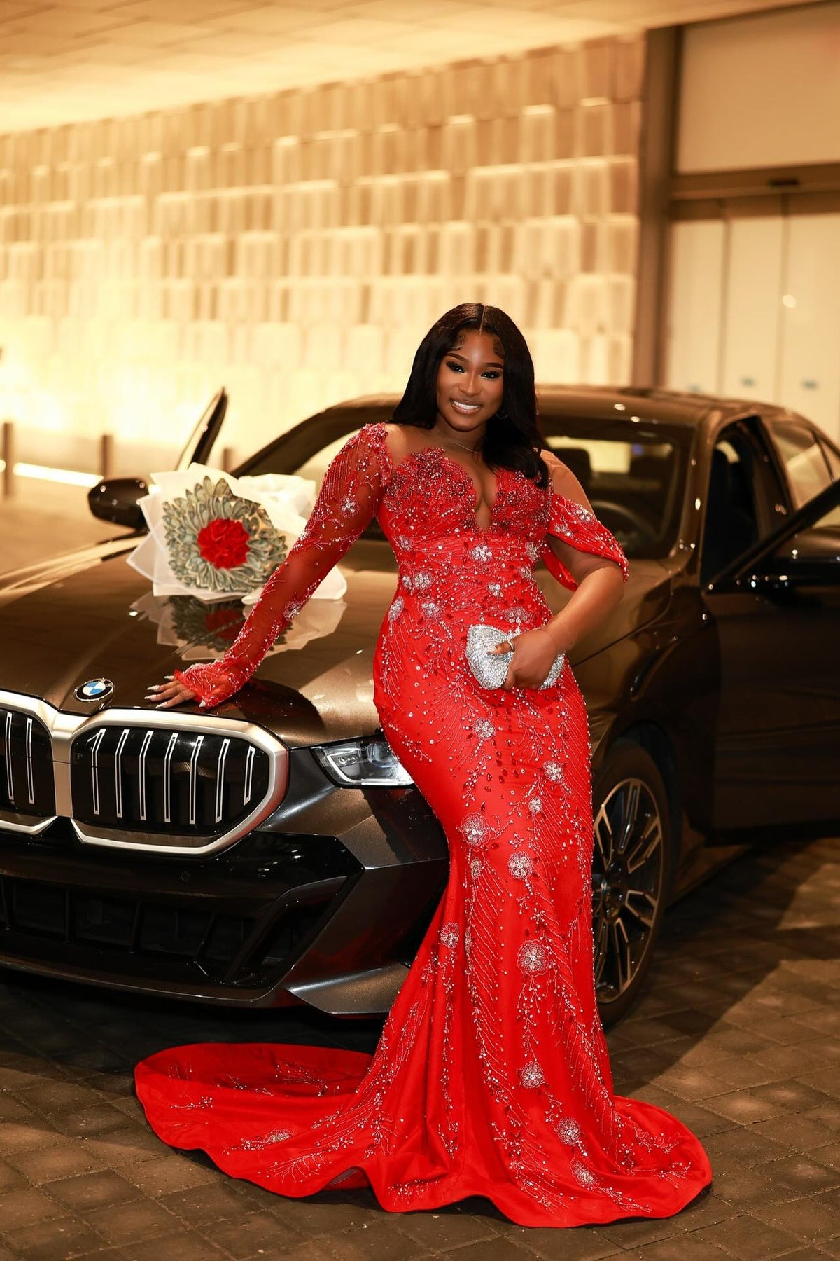 Red Plus Size Mermaid Prom Dress Off Shoulder Deep V Sweetheart Heavy Crystal Rhinestone Beaded Bodice One Long Sheer Illusion Sleeve Silver Radial Branch Spray Rhinestone Beaded Silver Crystal Snowflake Floral Applique Sweep Train Gown