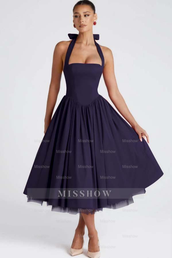 Red Rhinestone Halter Sleeveless A-Line Satin Bow Tea Length Formal Evening Dress