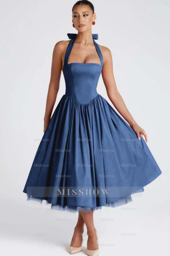 Red Rhinestone Halter Sleeveless A-Line Satin Bow Tea Length Formal Evening Dress