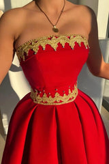 Red Rhinestone Strapless Sleeveless A-Line Satin Lace Applique Midi Formal Evening Dress