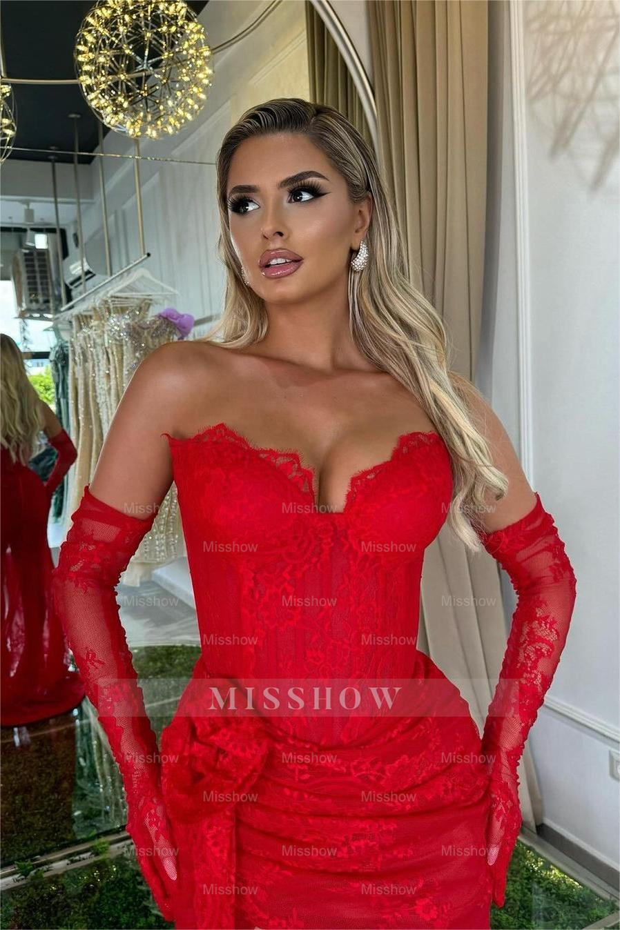 Red Rhinestone Sweetheart Sleeveless Lace Mermaid Ruffled Floor Length Formal Evening Gown