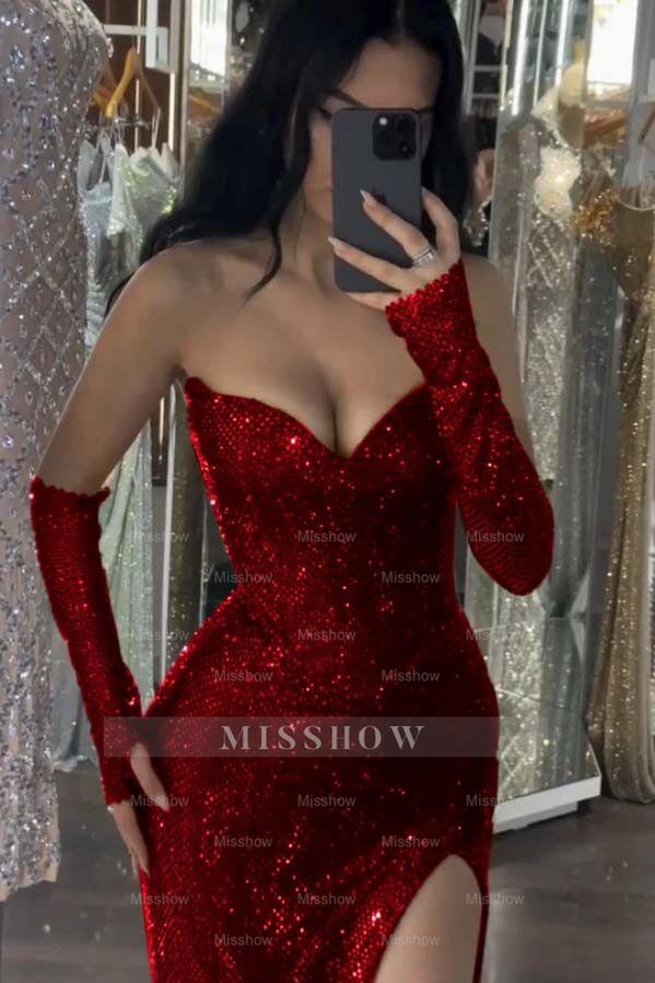 Red Rhinestone Sweetheart Strapless Sequined Bodycon Floor Length Formal Evening Dress