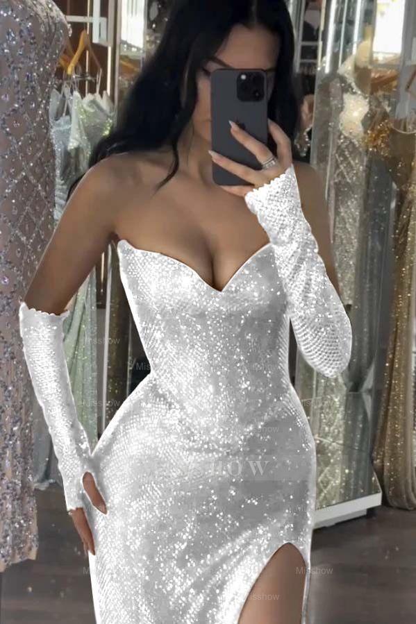 Red Rhinestone Sweetheart Strapless Sequined Bodycon Floor Length Formal Evening Dress