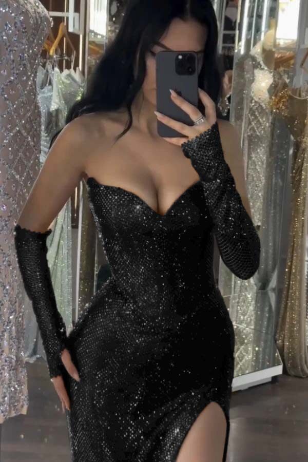 Red Rhinestone Sweetheart Strapless Sequined Bodycon Floor Length Formal Evening Dress