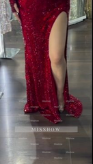 Red Rhinestone Sweetheart Strapless Sequined Bodycon Floor Length Formal Evening Dress