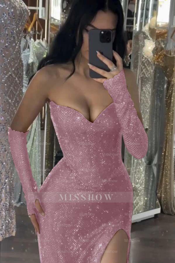 Red Rhinestone Sweetheart Strapless Sequined Bodycon Floor Length Formal Evening Dress