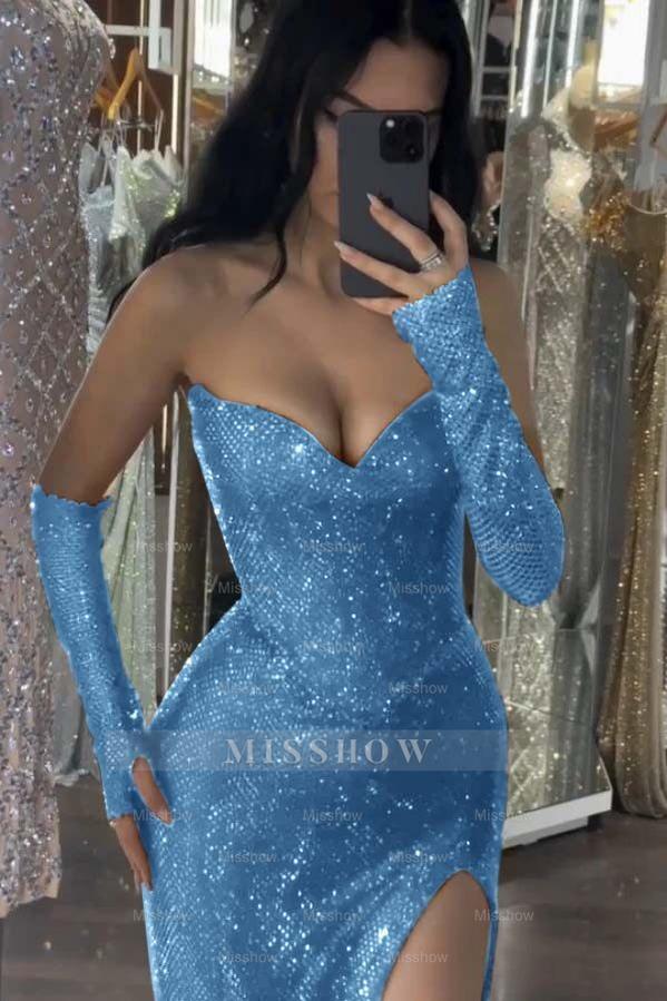 Red Rhinestone Sweetheart Strapless Sequined Bodycon Floor Length Formal Evening Dress