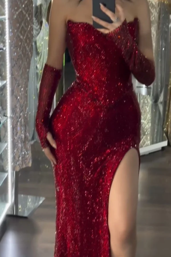 Red Rhinestone Sweetheart Strapless Sequined Bodycon Floor Length Formal Evening Dress