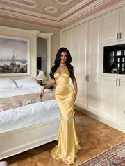 Red Rhinestone V Neck Sleeveless Mermaid Satin Pleated Floor Length Formal Evening Gown