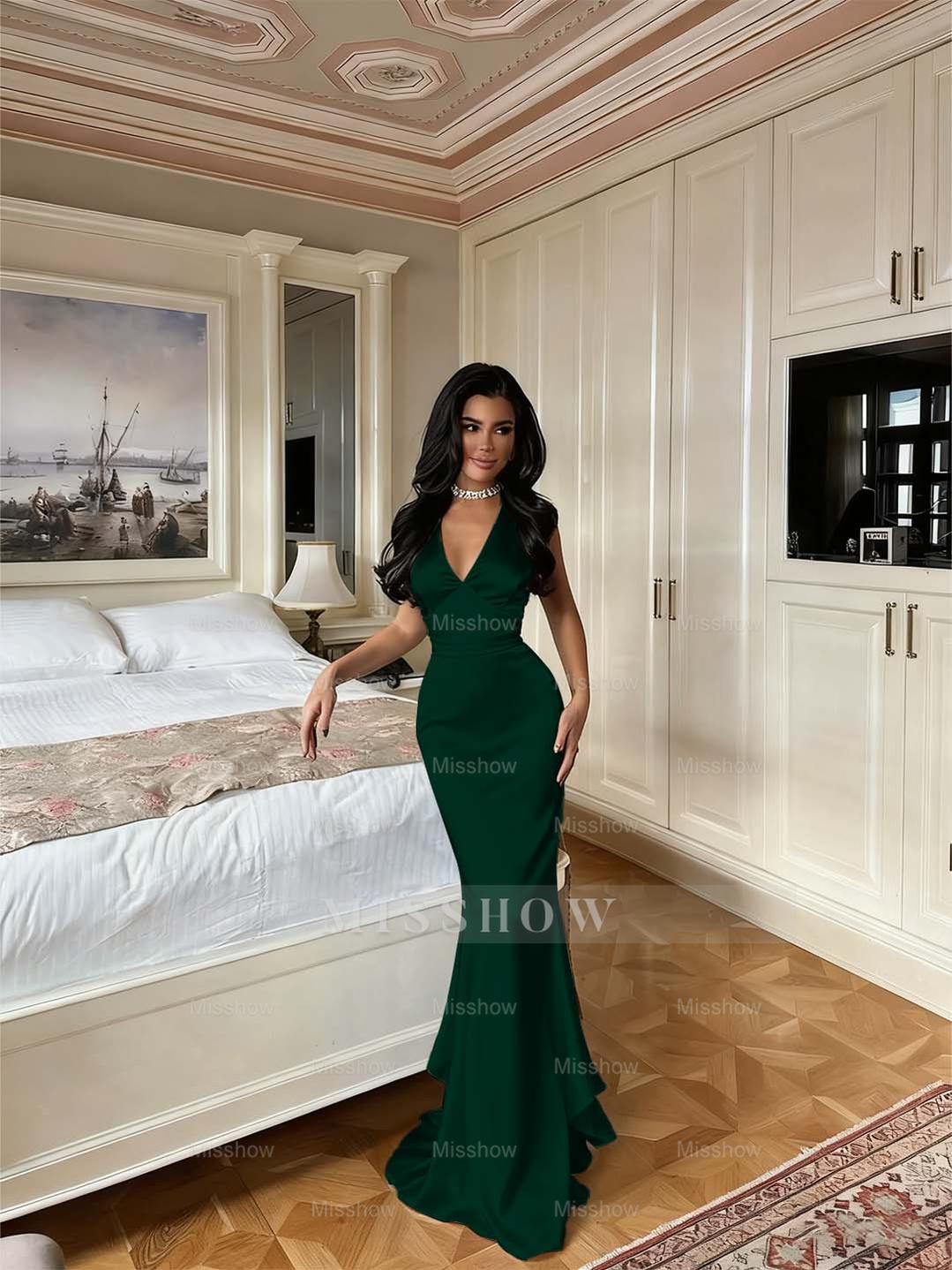 Red Rhinestone V Neck Sleeveless Mermaid Satin Pleated Floor Length Formal Evening Gown