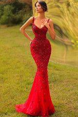 Red Rhinestone V-neck Sleeveless Mermaid Beaded Sequin Floor Length Formal Evening Gown