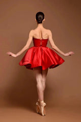 Red Satin Strapless Corset Mini Dress Straight Neck Gold Crystal Trim Bow Waist Lace-Up Back Ball Gown Skirt Ballet Homecoming