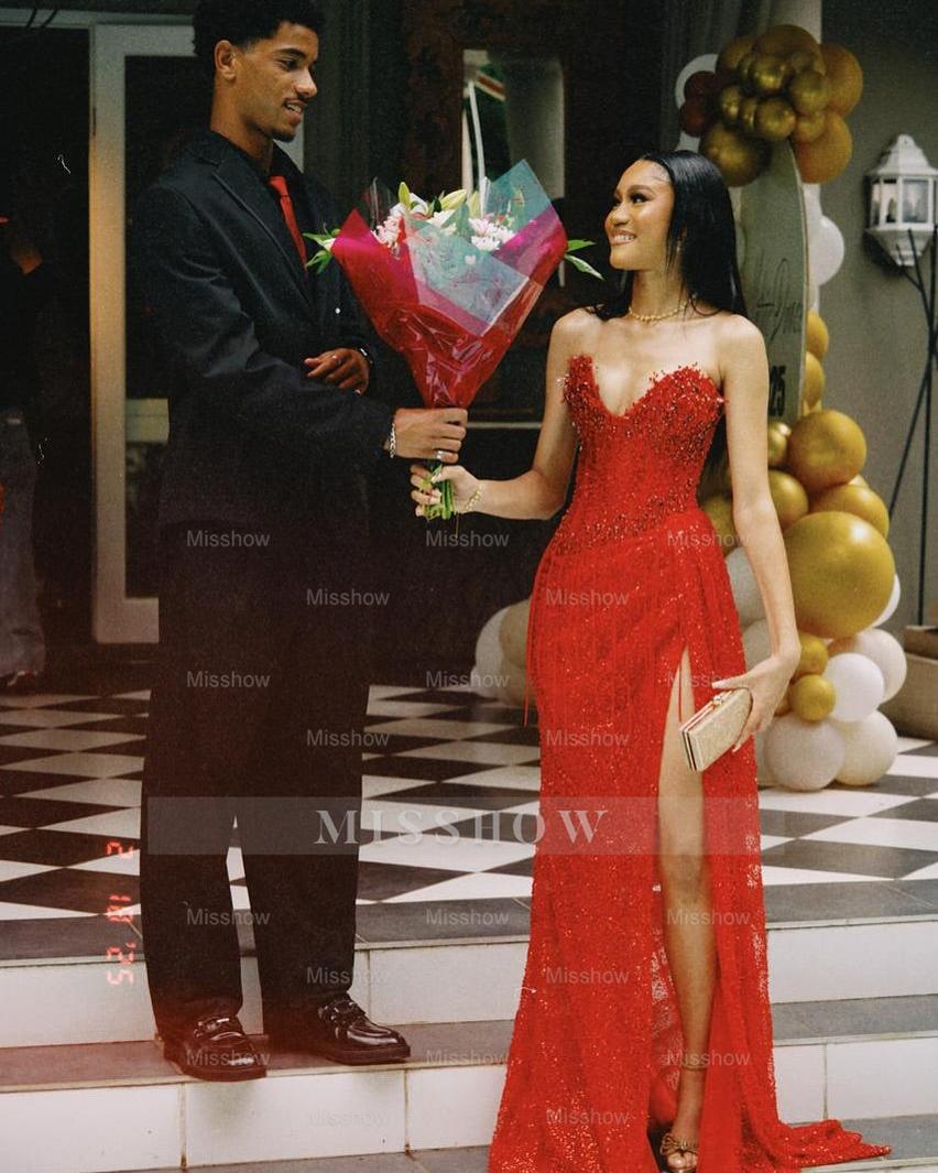 Red sweetheart split-front mermaid prom dress