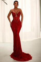 Red Sequin Lace Mermaid Evening Dress Sweetheart Sheer Corset Bodice 3D Floral Applique Formal Gown with Train