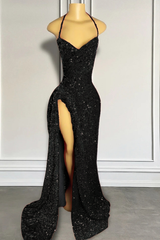 Red Sequins Prom Dress with Slit Shiny Floor-Length Party Dress