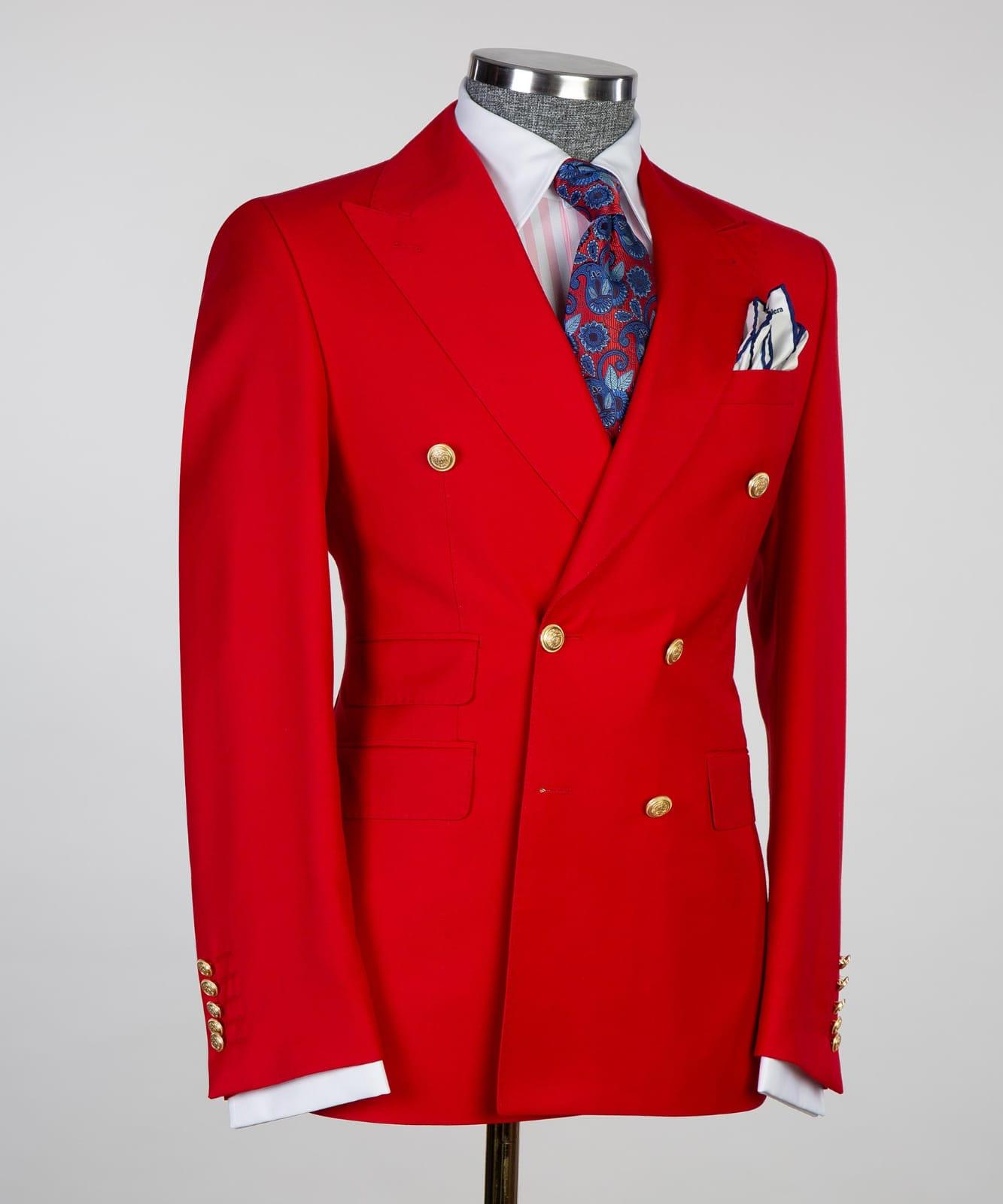 Red Slim Fit Double Breasted Peak Lapel Two-Piece Business Men’s Suits