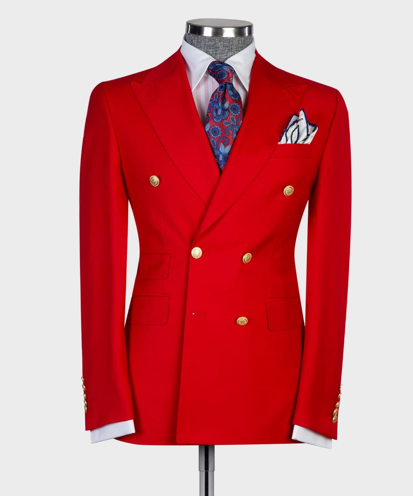 Red Slim Fit Double Breasted Peak Lapel Two-Piece Business Men’s Suits