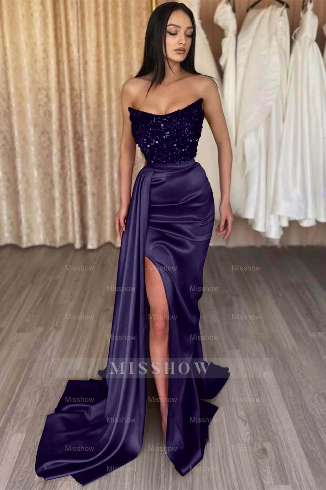 Red Strapless Elegant Sleeveless Long Sequins Formal Dress Mermaid Side Split