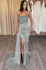 Red Strapless Elegant Sleeveless Long Sequins Formal Dress Mermaid Side Split
