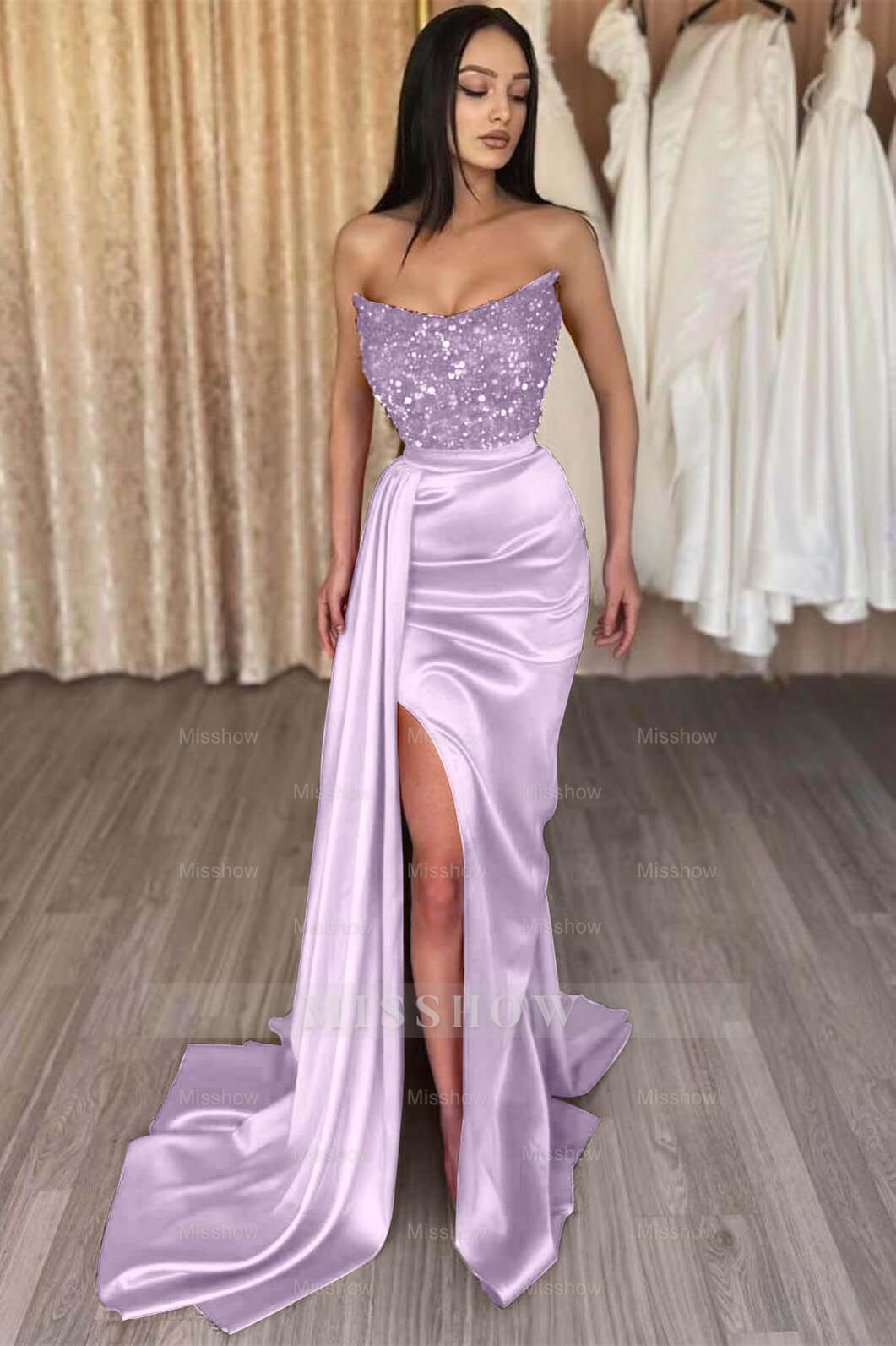 Red Strapless Elegant Sleeveless Long Sequins Formal Dress Mermaid Side Split