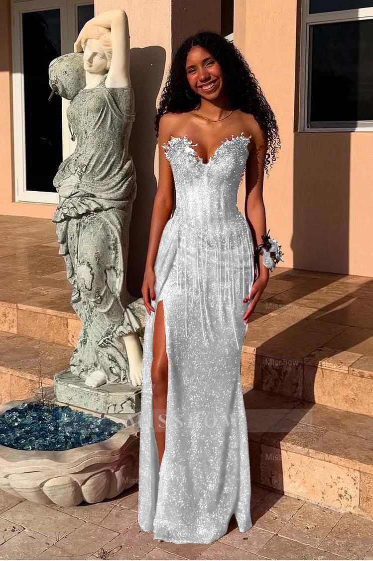 Red Strapless Sleeveless Long Mermaid Formal Dress With Sequins Split