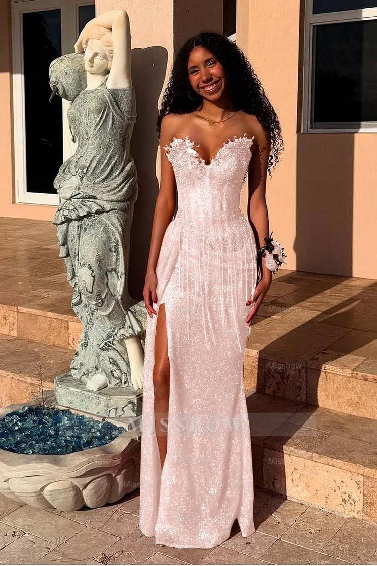 Red Strapless Sleeveless Long Mermaid Formal Dress With Sequins Split
