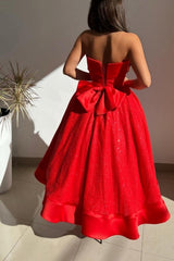 Red Strapless Solid Satin Ball gown Prom Evening Dresses
