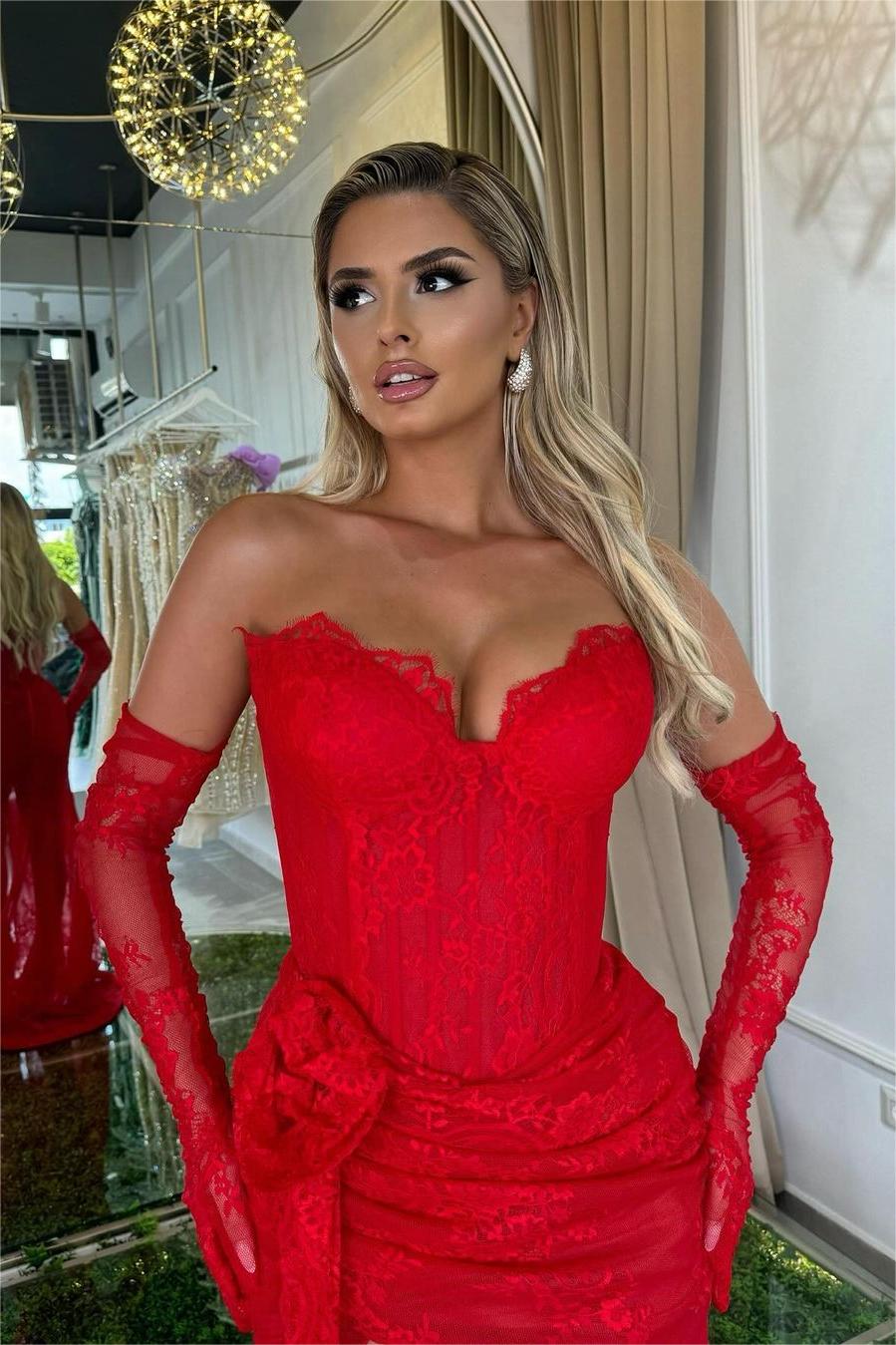 Red Strapless Split Sleeveless Mermaid Long Formal Dress With Long Gloves