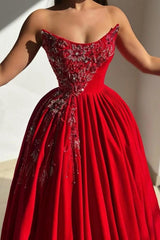 Red Strapless Sweetheart Beaded Satin A-line Ball Gown Floor Length Formal Evening Dress