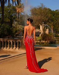 Red Strapless Sweetheart Crystal Cutout High Slit Mermaid Maxi Formal Evening Dress with Open Back