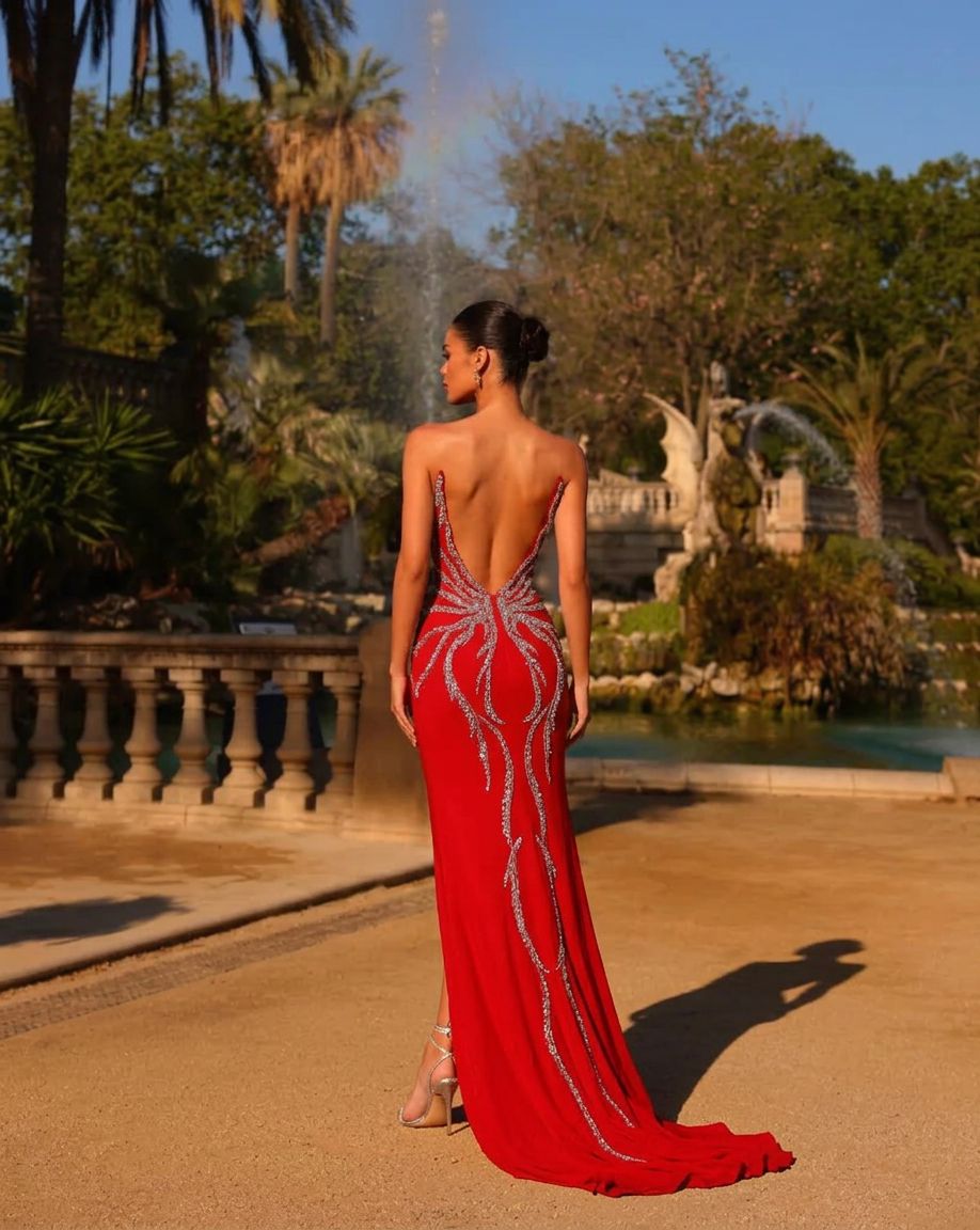 Red sweetheart rhinestone mermaid evening dress