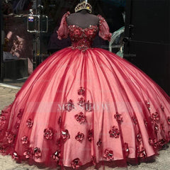 Red Sweetheart Cap Sleeve 3D Floral Beaded Rhinestone Ball Gown Quinceanera Gown